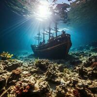 Eerie shipwreck resting on the ocean floor, surrounded by marine life photo