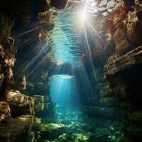 Dramatic underwater cave with beams of sunlight shining photo