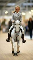 A girl performing a dressage routine with her hobbyhorse photo