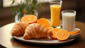 Breakfast tray with croissants and orange juice photo