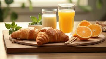 desayuno bandeja con croissants y naranja jugo foto