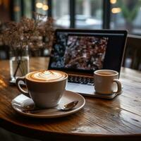 Coffee and laptop on a wooden table photo