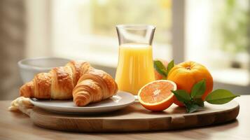 desayuno bandeja con croissants y naranja jugo foto