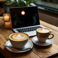 Coffee and laptop on a wooden table photo