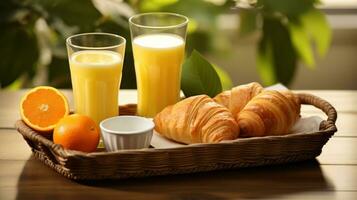 desayuno bandeja con croissants y naranja jugo foto
