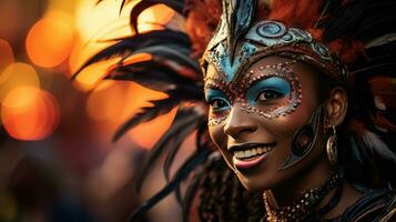 vistoso mascaras y plumas adornar bailarines a rio carnaval foto