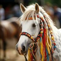 Close-up of a hobbyhorse with a colorful mane and reins photo