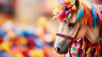 Close-up of a hobbyhorse with a colorful mane and reins photo