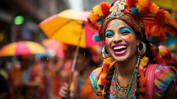 vistoso paraguas y disfraces llenar el calles a Mumbai carnaval en India foto