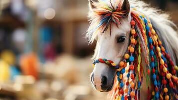 Close-up of a hobbyhorse with a colorful mane and reins photo