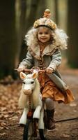 A girl riding a hobbyhorse through a forest photo