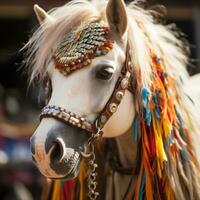 Close-up of a hobbyhorse with a colorful mane and reins photo