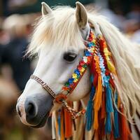 Close-up of a hobbyhorse with a colorful mane and reins photo