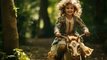 un niña montando un caballo de batalla mediante un bosque foto