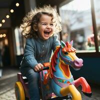 un niña montando un caballo de batalla mediante un bosque foto