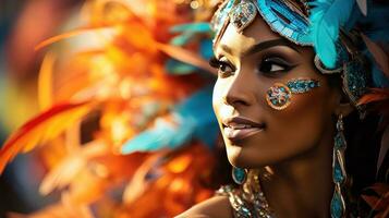 Colorful masks and feathers adorn dancers at Rio Carnival photo