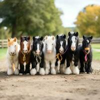 un grupo de caballos de batalla forrado arriba en un campo foto