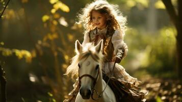 un niña montando un caballo de batalla mediante un bosque foto