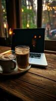 Coffee and laptop on a wooden table photo