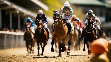 A hobbyhorse race with riders on a track photo