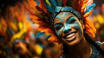 Colorful masks and feathers adorn dancers at Rio Carnival photo