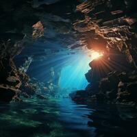 Dramatic underwater cave with beams of sunlight shining photo