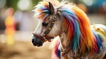 Close-up of a hobbyhorse with a colorful mane and reins photo
