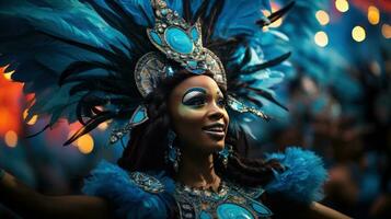 vistoso mascaras y plumas adornar bailarines a rio carnaval foto