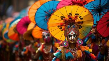 vistoso paraguas y disfraces llenar el calles a Mumbai carnaval en India foto