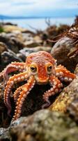 Elusive octopus camouflaged in the rocks and seaweed photo