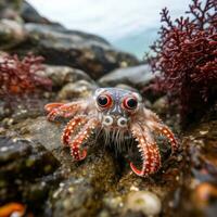 Elusive octopus camouflaged in the rocks and seaweed photo