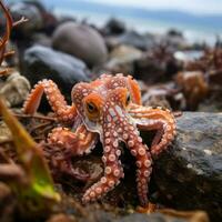 Elusive octopus camouflaged in the rocks and seaweed photo