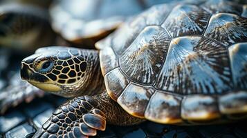 de cerca de el intrincado detalles de un mar tortugas cáscara foto