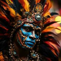 vistoso mascaras y plumas adornar bailarines a rio carnaval foto