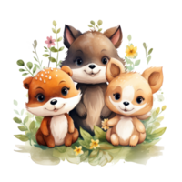 Cute woodland animals in watercolor style. isolated png
