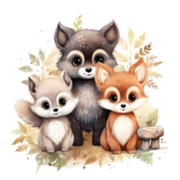 Cute woodland animals in watercolor style. isolated png