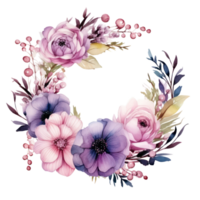 aquarelle floral couronne avec rose et violet fleurs png