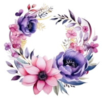 acquerello floreale ghirlanda con rosa e viola fiori png