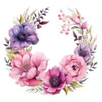 waterverf bloemen krans met roze en Purper bloemen png