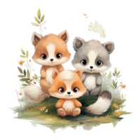 Cute woodland animals in watercolor style. isolated png