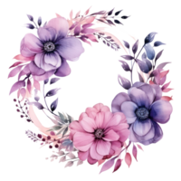 waterverf bloemen krans met roze en Purper bloemen png