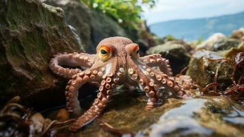 elusivo pulpo camuflado en el rocas y algas marinas foto