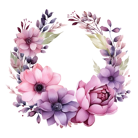 watercolor Floral wreath with pink and purple flowers png