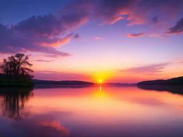 Beautiful golden sunset in the mountains panorama lake landscape with Blue sky fluffy clouds, AI image photo