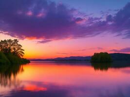 Beautiful golden sunset in the mountains panorama lake landscape with Blue sky fluffy clouds, AI image photo