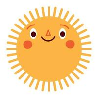 Sun character in cute style, face with a sticker. Sunshine with a smile for kids, doodled in a happy and fun way. Flat vector illustrations isolated in background.