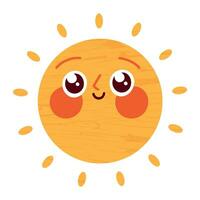 Sun character in cute style, face with a sticker. Sunshine with a smile for kids, doodled in a happy and fun way. Flat vector illustrations isolated in background.