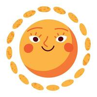 Sun character in cute style, face with a sticker. Sunshine with a smile for kids, doodled in a happy and fun way. Flat vector illustrations isolated in background.