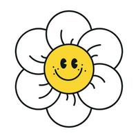 Groovy daisy flowers face collection. Retro chamomile smiles in cartoon style. Happy stickers set from 70s. Vector graphic illustration