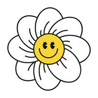 Groovy daisy flowers face collection. Retro chamomile smiles in cartoon style. Happy stickers set from 70s. Vector graphic illustration